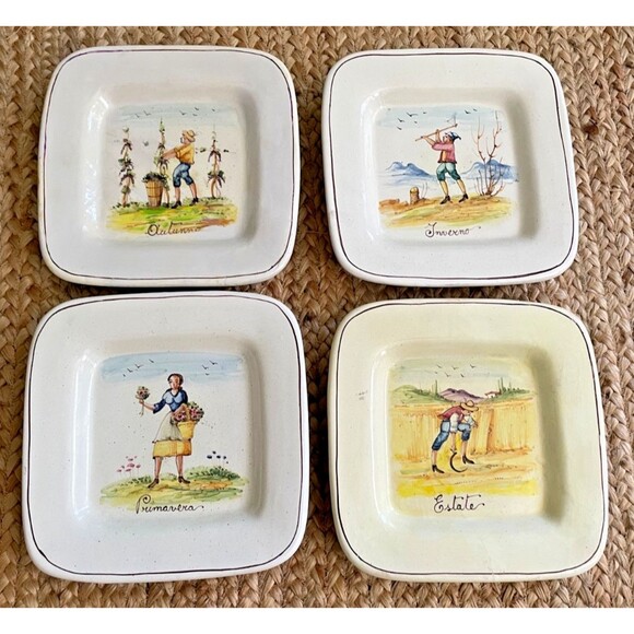 Set of 4 Hand Painted SEASONS Square Plates 9" Italy Vintage RARE - Picture 12 of 16